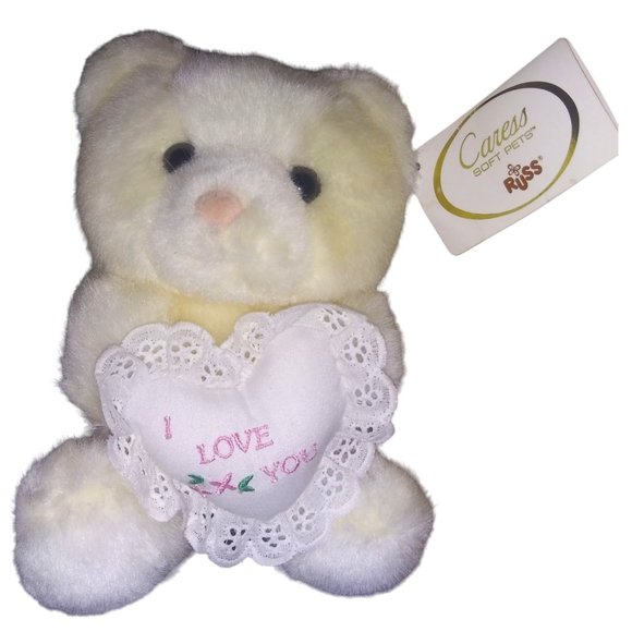 VTG Russ Caress Soft Yellow Cat Stuffed Animal Kitty With I Love You Heart Pillo - Picture 1 of 10